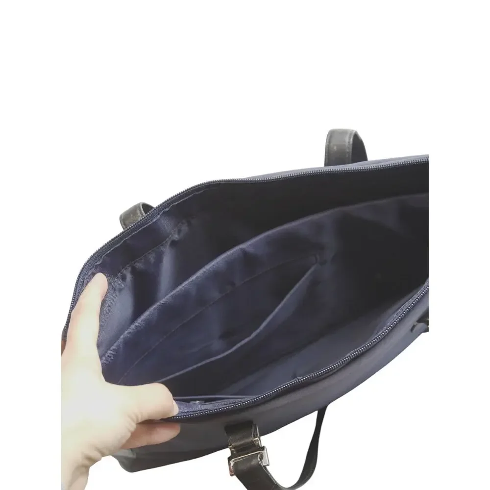 MAXX New York Navy Nylon Black Leather 14” Laptop Tote Work Bag Organizer GUC